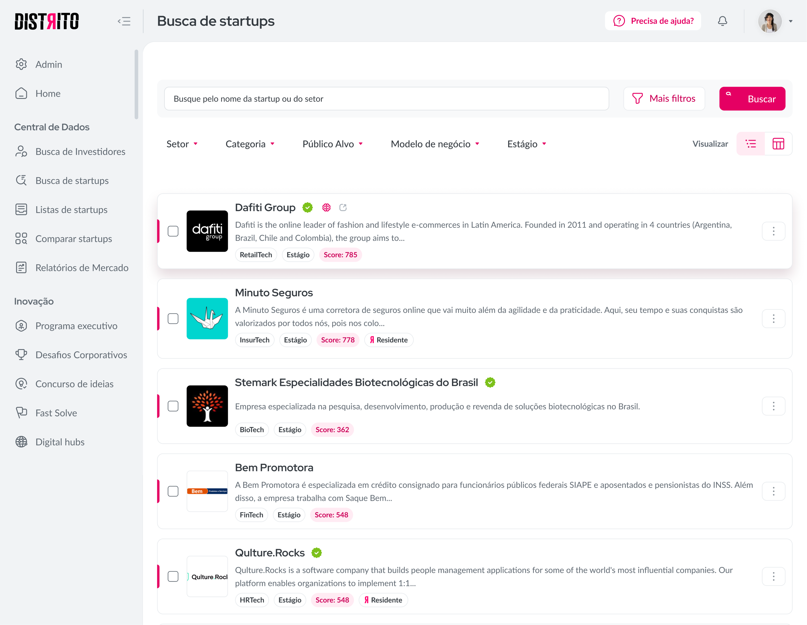 Busca de startups - interface antiga