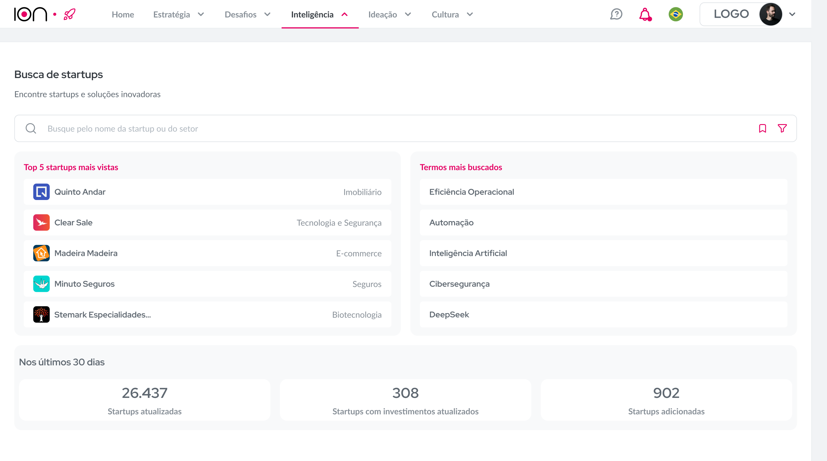 Busca de startups - interface redesenhada